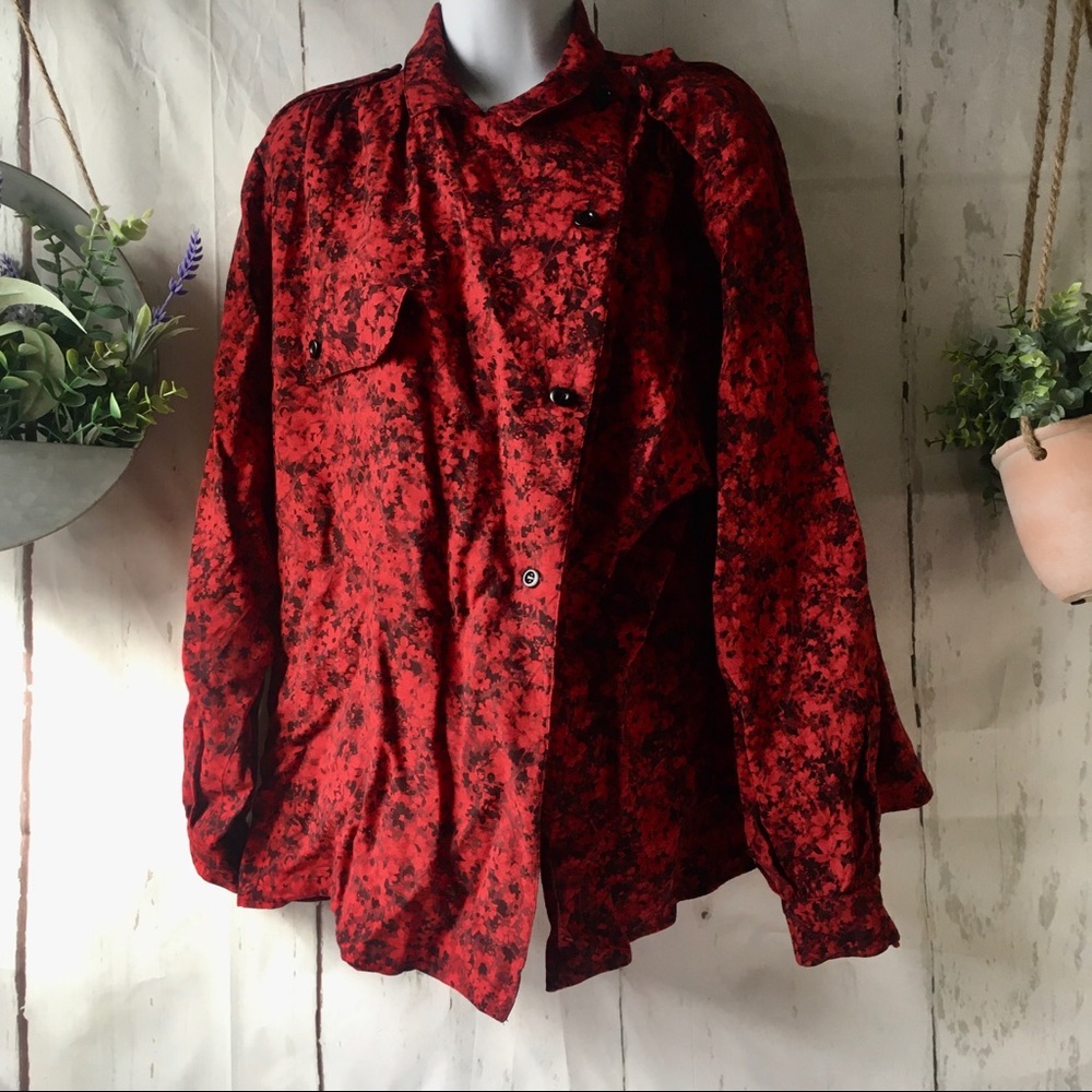 Vintage Asymmetrical Red Floral Button Up Shirt Jacket Shacket Handmade